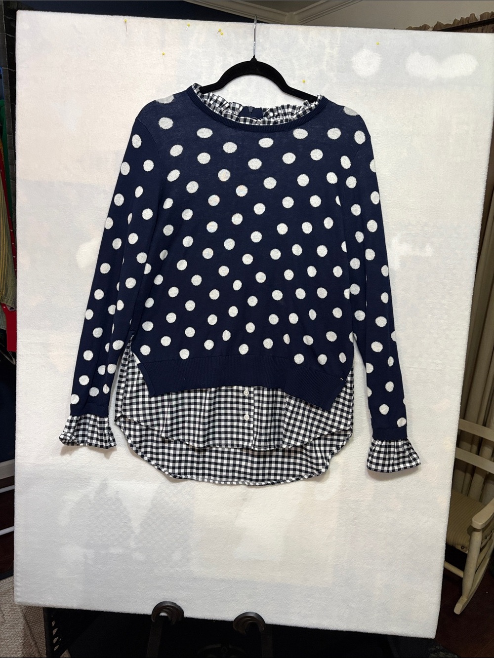 Crown & Ivy Navy Polka Dot Mixed Media Sweater with Gingham Hem Medium